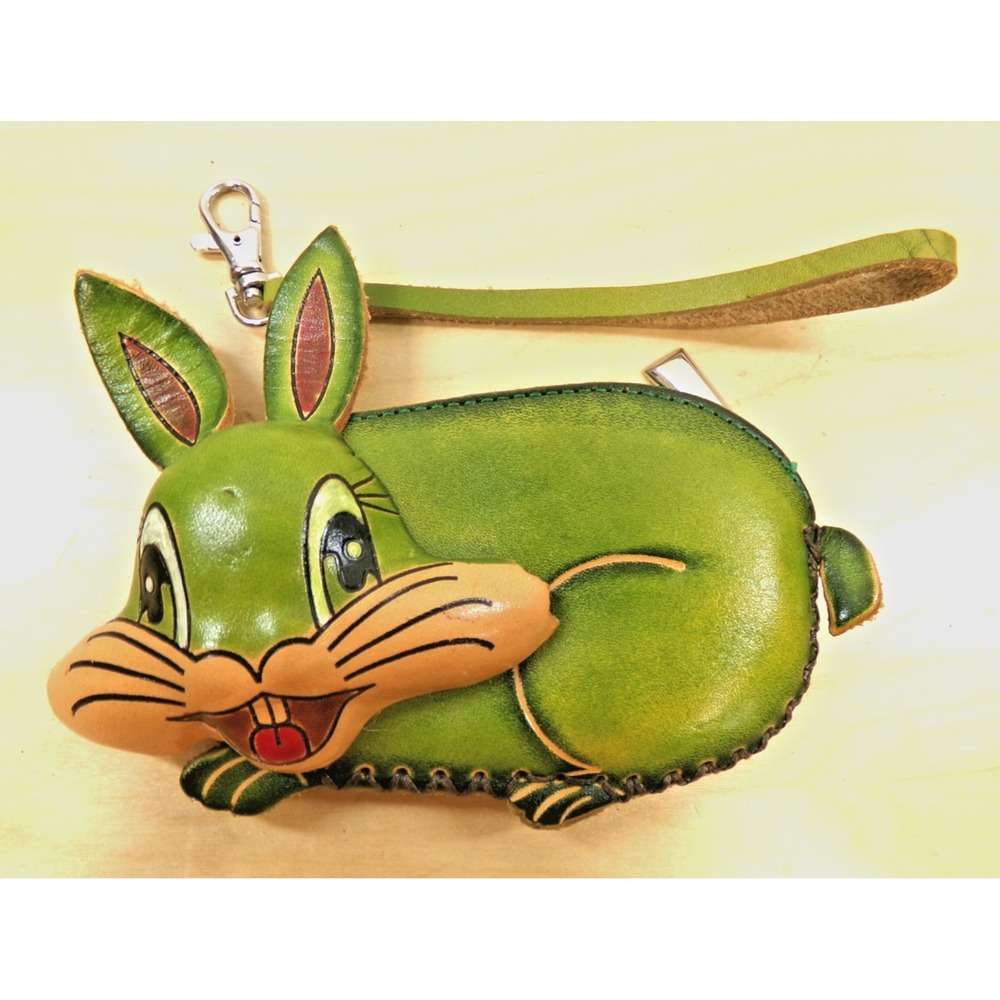 Hand Made Hand Tooled Leather Rabbit Change Purse Wristlet w/ Wrist Strap‎ 3D